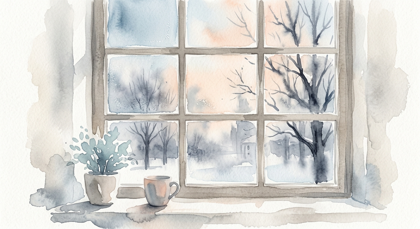 Milchige Fensterscheiben mit Morgenlicht und kahlen Bäumen als Aquarell