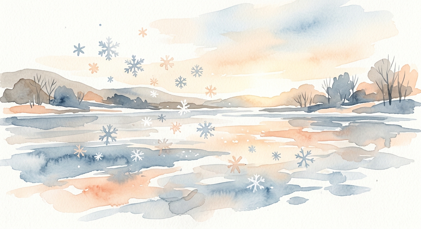 Schneeflocken über einem vereisten See im goldenen Licht, Aquarell