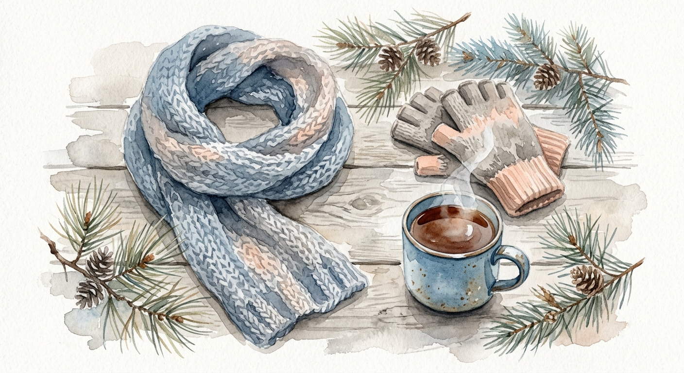 Schal, Wollhandschuhe und dampfende Tasse auf Holz in Aquarelloptik