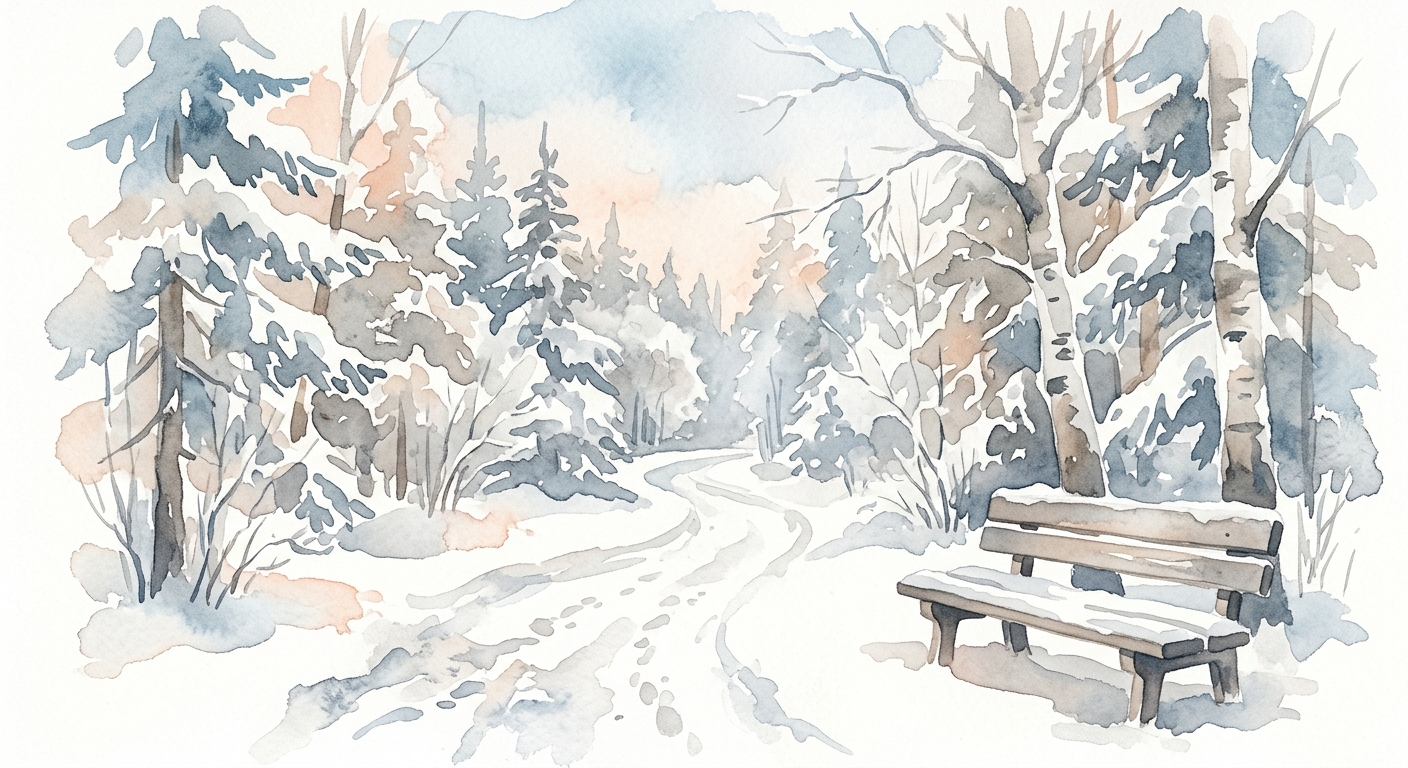 Verschneiter Waldweg mit leerer Bank in weicher Aquarelloptik