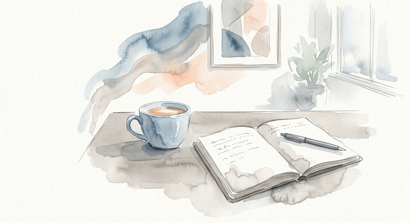 Minimalistischer Büro-Schreibtisch mit Kaffee, Notizbuch und Stift in gedeckten Farben