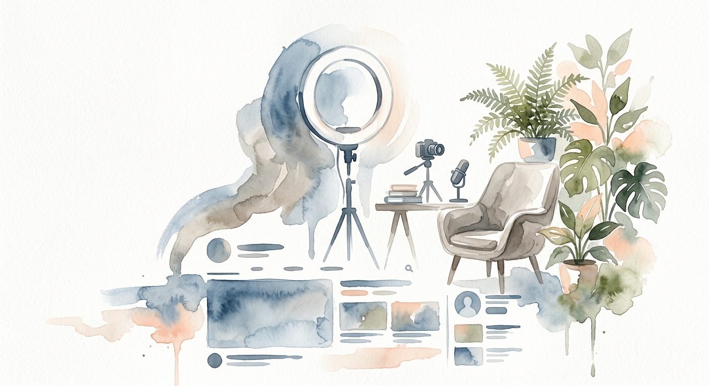 Aquarell-Szene eines Studio-Setups mit Ringlicht und Pflanzen