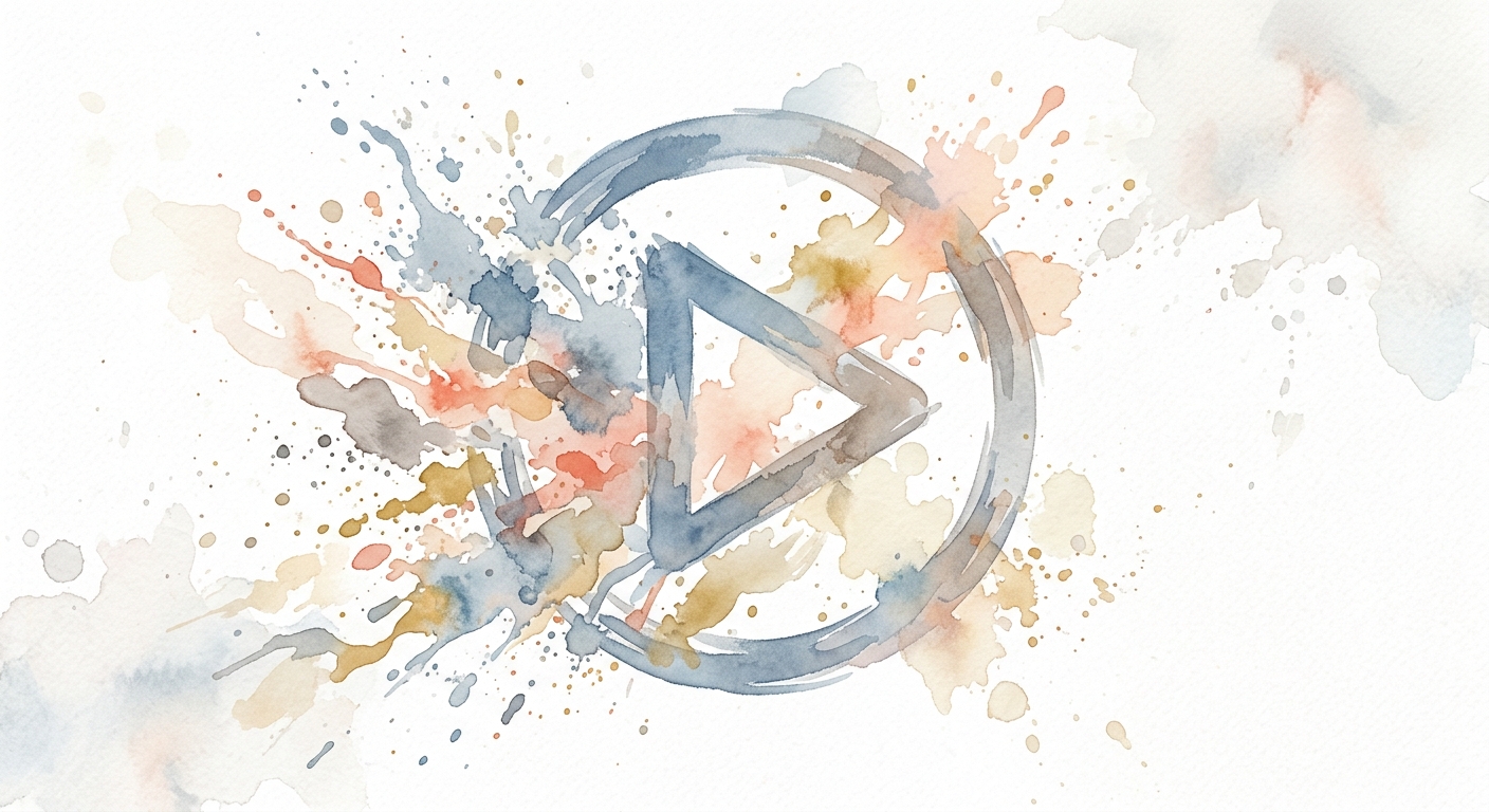 Aquarell-Illustration eines Play-Buttons, der in Farbspritzer zerlaeuft