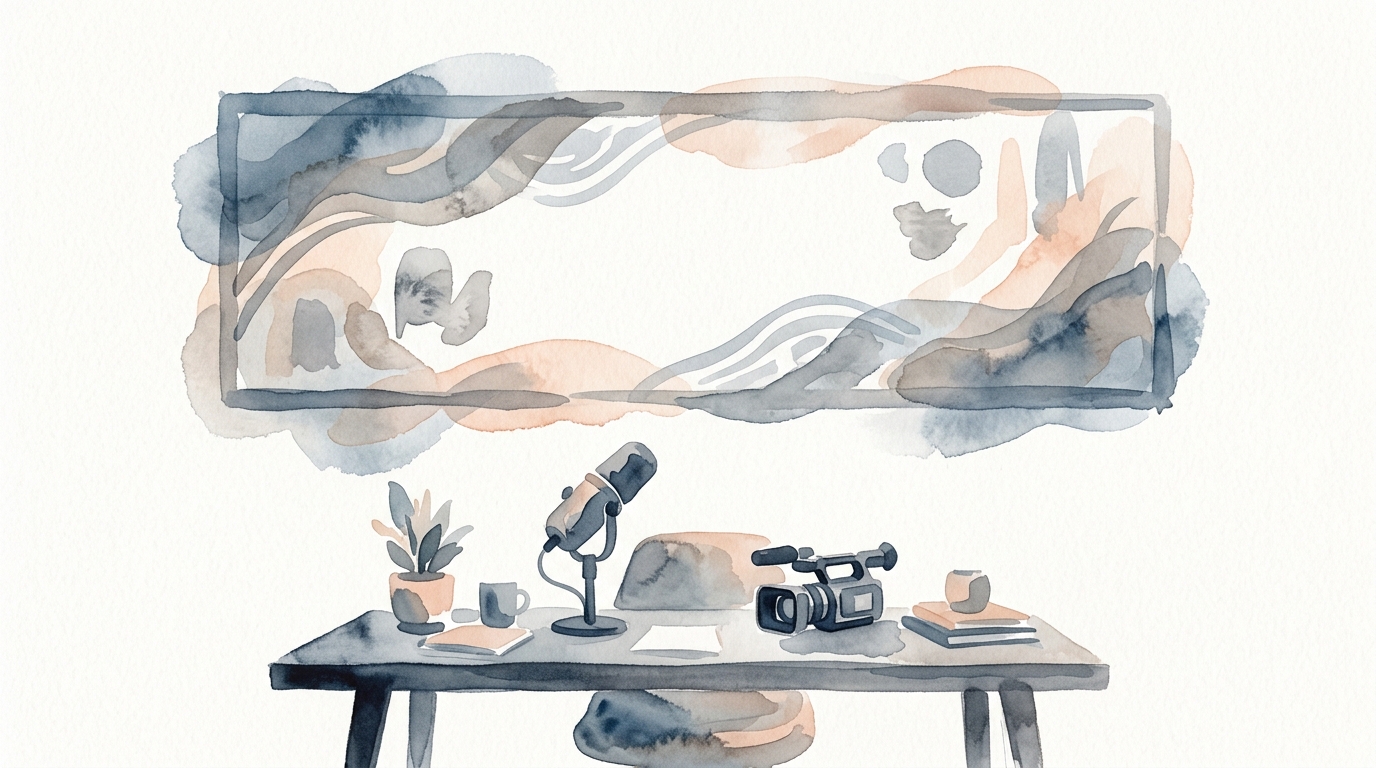 Aquarell-Illustration eines Breitbild-Banners mit Mikrofon und Kamera auf einem Schreibtisch