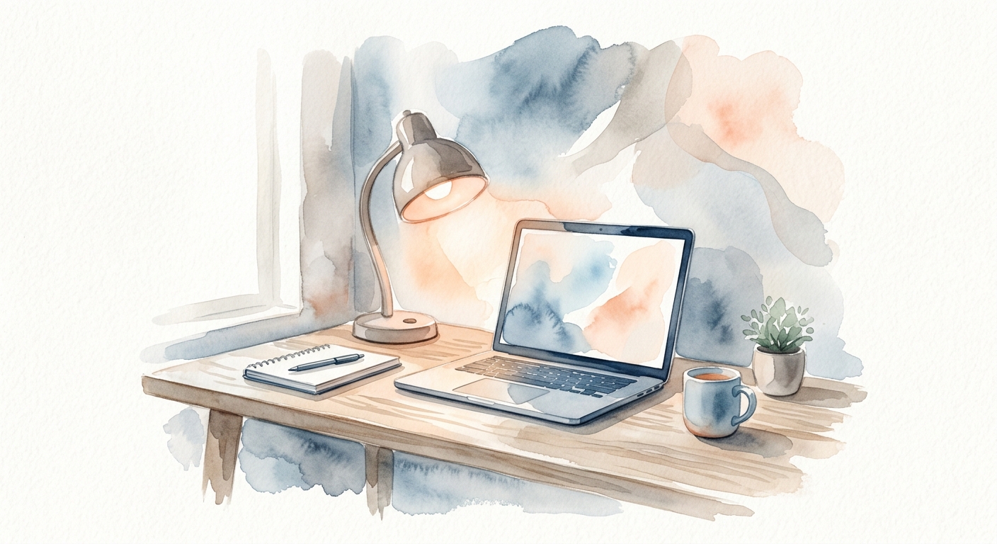 Homeoffice-Schreibtisch mit Laptop und warmer Schreibtischlampe in Aquarelloptik
