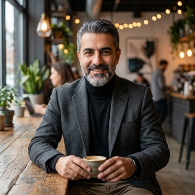 Dein Portrait beim Café-Arbeiten — KI-generiertes Beispiel 14